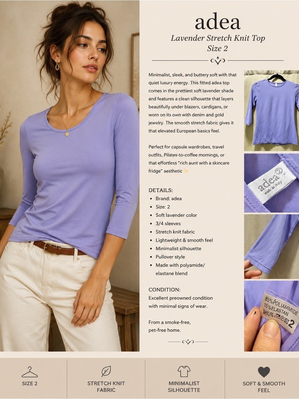 Lavender Stretch Knit Top — Soft Lavender, Size 2